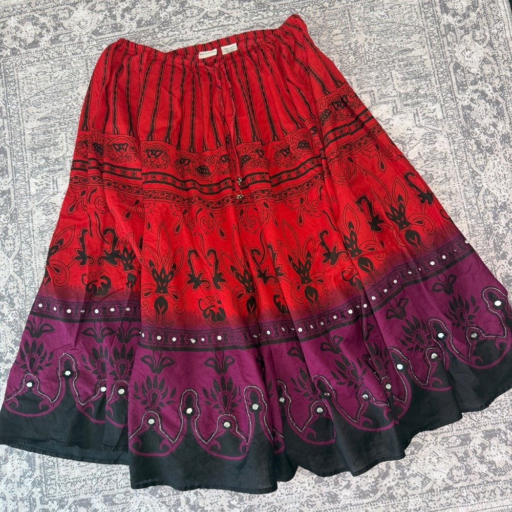White Stag Boho Red Purple Ombre Mirror Tiered Cotton Midi Skirt Large WS513108